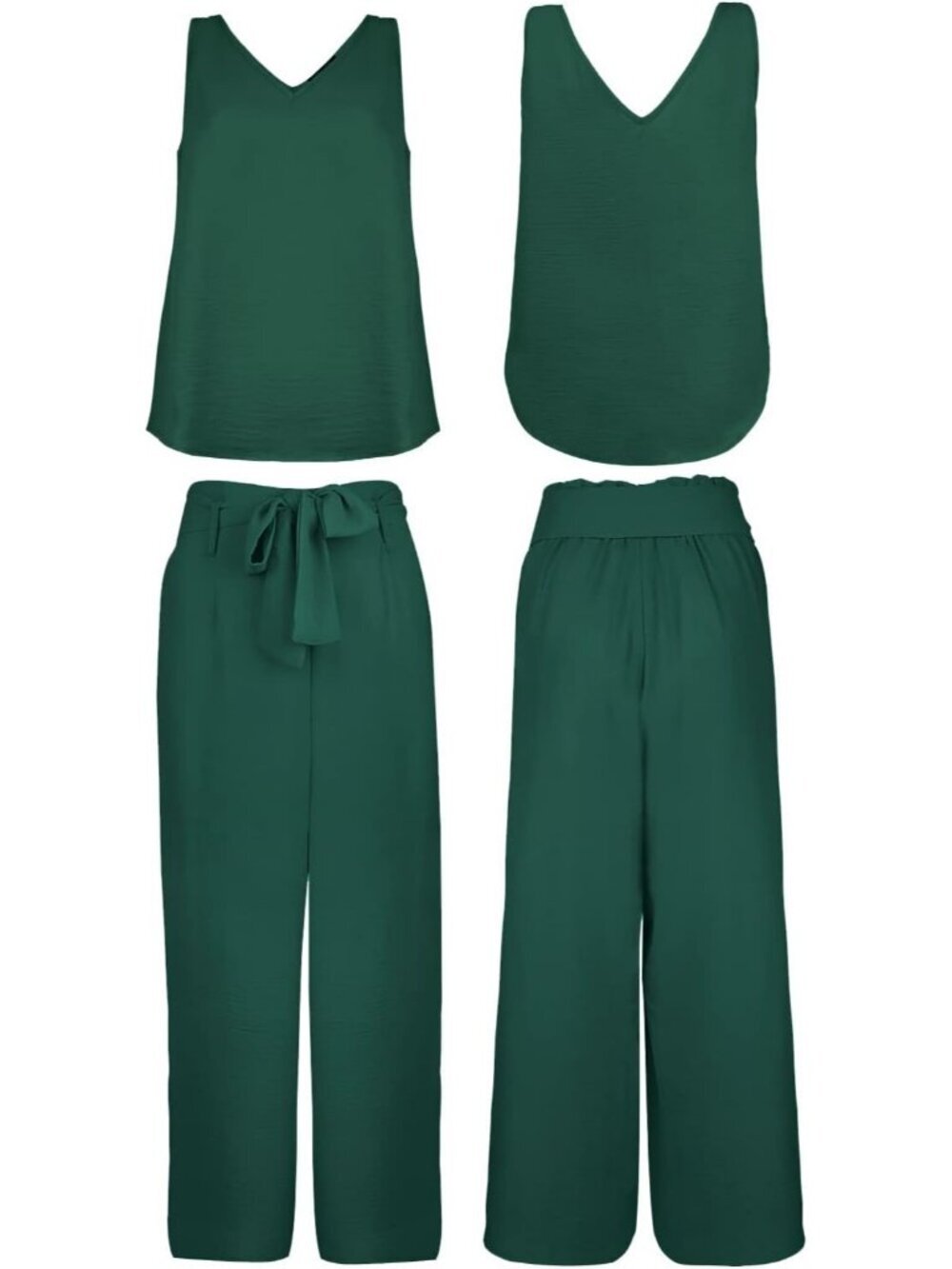 Women's 2 Piece Set V Neck Tank Dark Green Tops High Waisted Pants with Belt - Picture 6 of 7